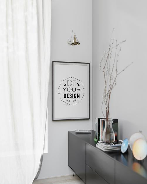 Free Poster Frame In Living Room Psd Mockup Psd