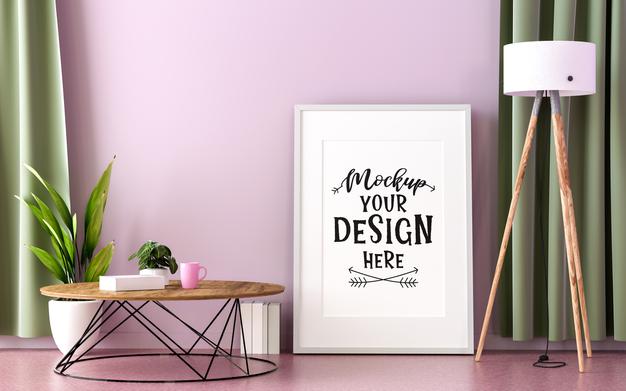 Free Poster Frame In Living Room Psd Mockup Psd