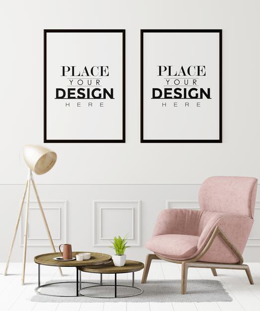 Free Poster Frame In Living Room Psd Mockup Psd