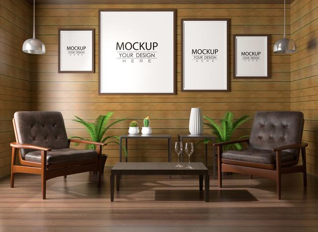 Free Poster Frame In Living Room Psd Mockup Psd