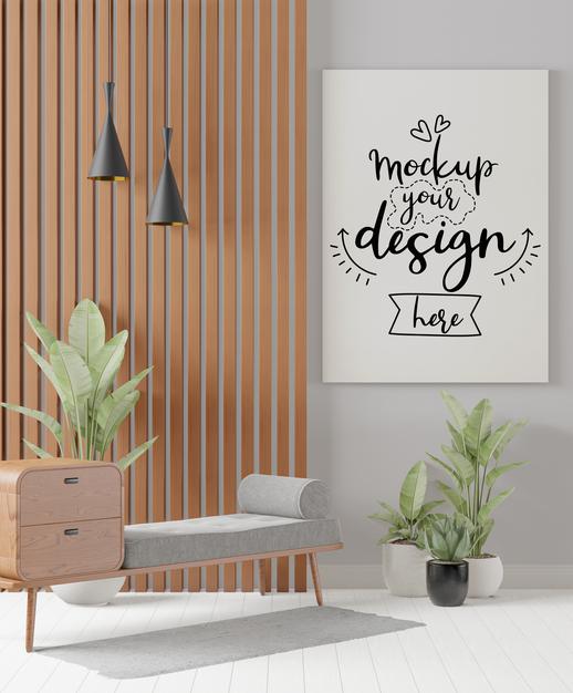 Free Poster Frame In Living Room Psd Mockup Psd