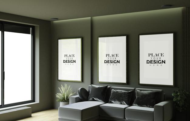 Free Poster Frame In Living Room Psd Mockup Psd