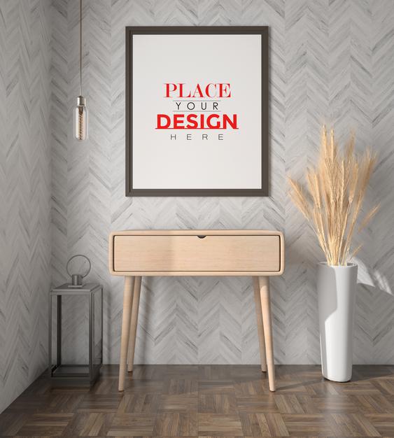 Free Poster Frame In Living Room Psd Mockup Psd