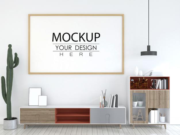 Free Poster Frame In Living Room Psd Mockup Psd