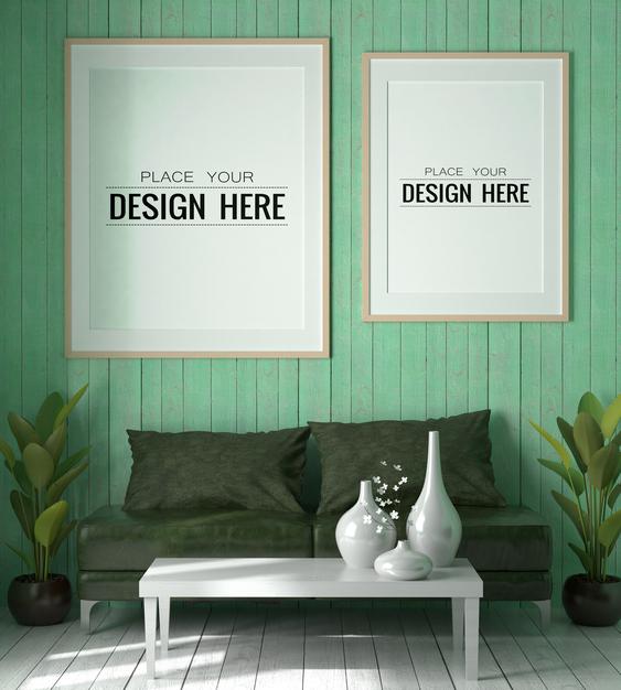 Free Poster Frame In Living Room Psd Mockup Psd