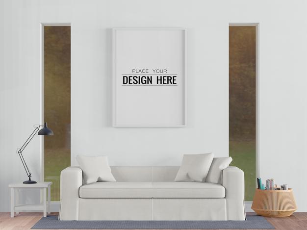 Free Poster Frame In Living Room Psd Mockup Psd