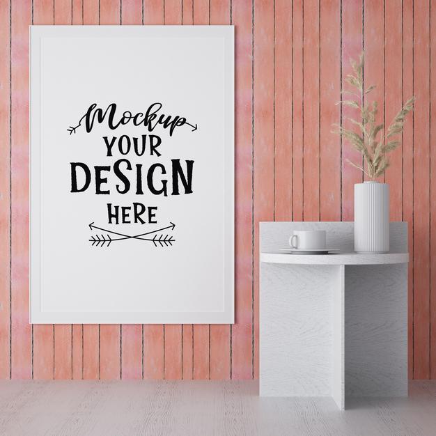 Free Poster Frame In Living Room Psd Mockup Psd