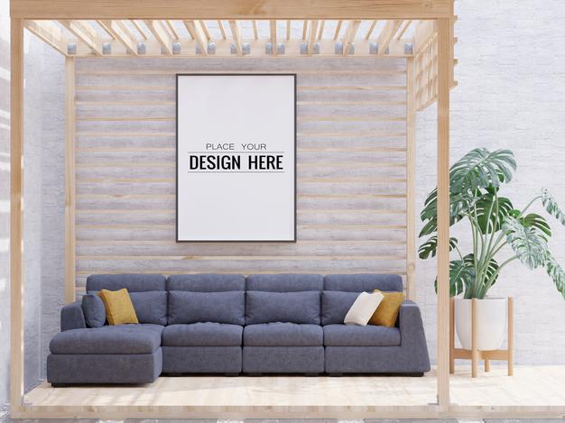 Free Poster Frame In Living Room Psd Mockup Psd