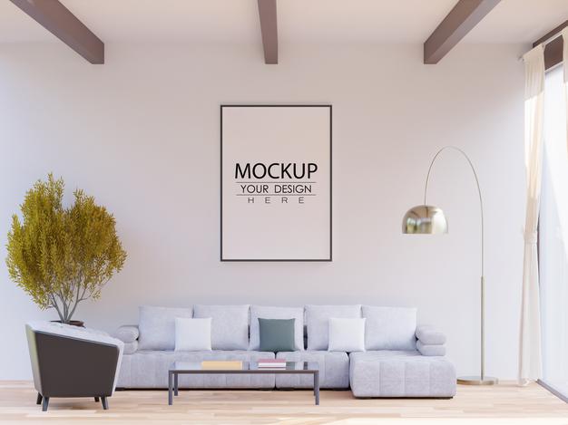 Free Poster Frame In Living Room Psd Mockup Psd