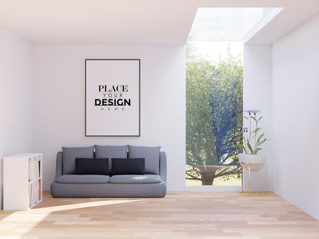 Free Poster Frame In Living Room Psd Mockup Psd