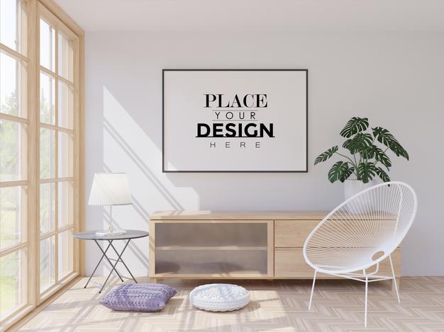 Free Poster Frame In Living Room Psd Mockup Psd