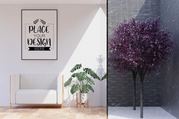 Free Poster Frame In Living Room Psd Mockup Psd