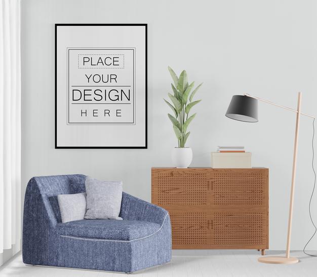 Free Poster Frame In Living Room Psd Mockup Psd