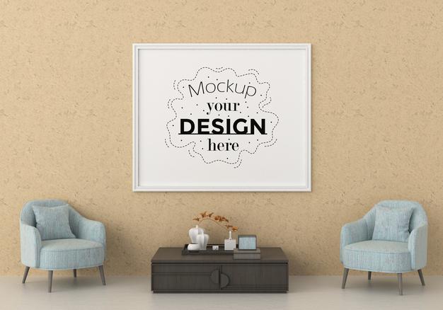 Free Poster Frame In Living Room Psd Mockup Psd