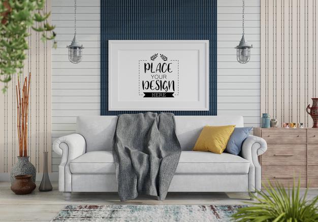 Free Poster Frame In Living Room Psd Mockup Psd