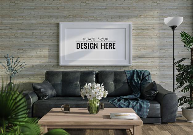 Free Poster Frame In Living Room Psd Mockup Psd