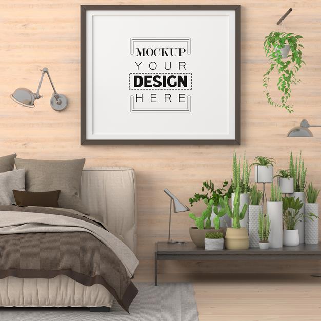 Free Poster Frame Mockup In A Bedroom Psd