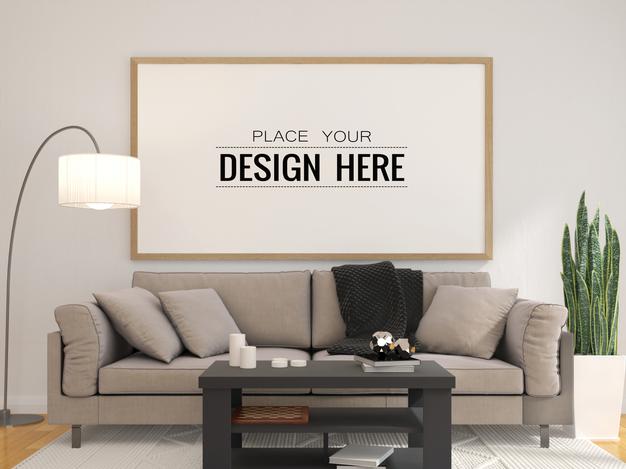 Free Poster Frame Mockup In Living Room Psd