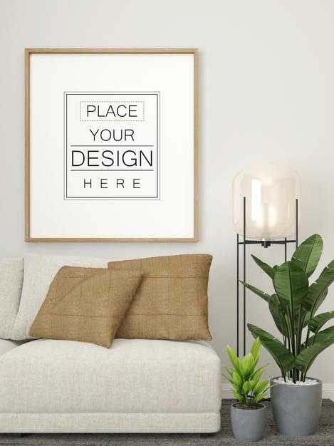 Free Poster Frame Mockup In Living Room Psd