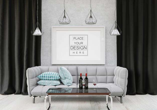 Free Poster Frame Mockup In Living Room Psd