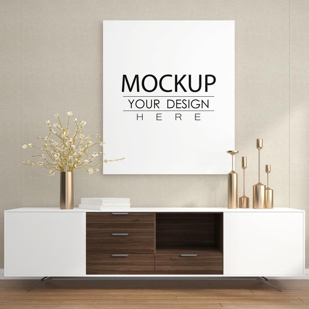 Free Poster Frame Mockup In Living Room Psd