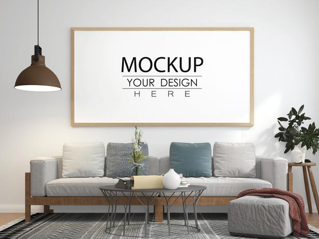 Free Poster Frame Mockup In Living Room Psd