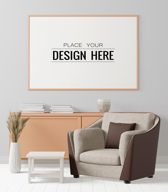 Free Poster Frame Mockup In Living Room Psd