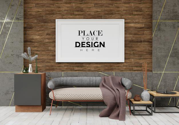 Free Poster Frame Mockup In Living Room Psd