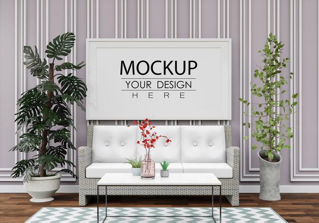 Free Poster Frame Mockup In Living Room Psd