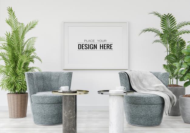 Free Poster Frame Mockup In Living Room Psd