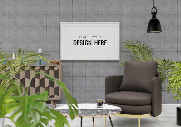 Free Poster Frame Mockup In Living Room Psd