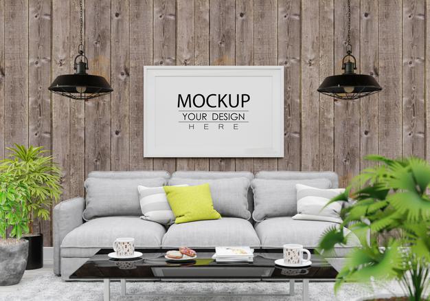 Free Poster Frame Mockup In Living Room Psd