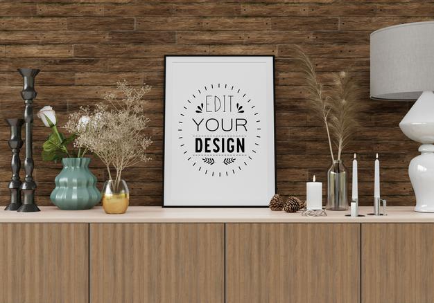 Free Poster Frame Mockup In Living Room Psd