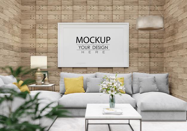 Free Poster Frame Mockup In Living Room Psd