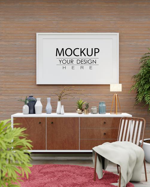 Free Poster Frame Mockup In Living Room Psd