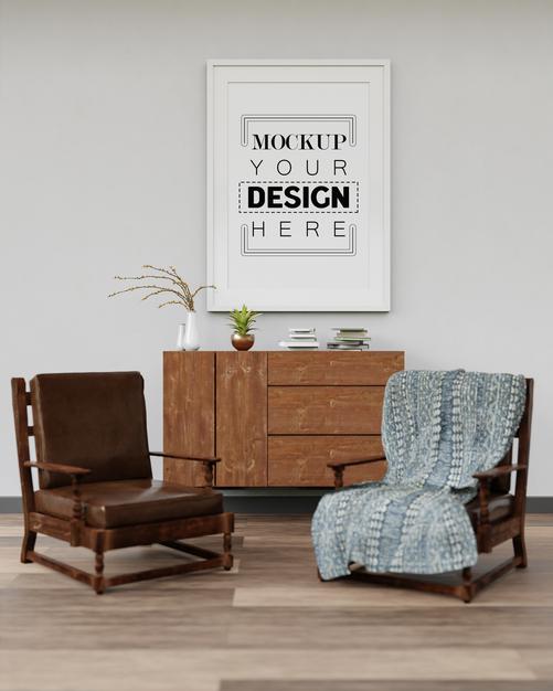 Free Poster Frame Mockup In Living Room Psd