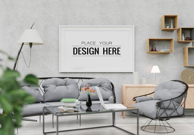 Free Poster Frame Mockup In Living Room Psd