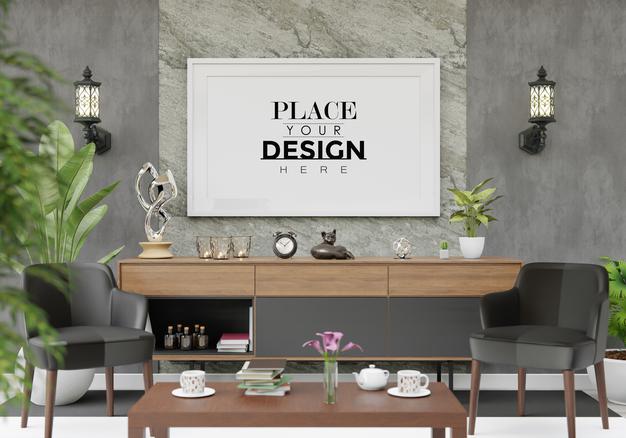 Free Poster Frame Mockup In Living Room Psd