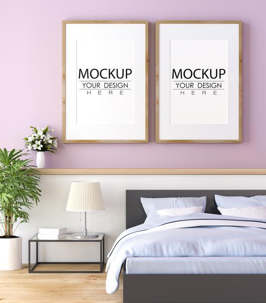 Free Poster Frame Mockup Interior In A Bedroom Psd