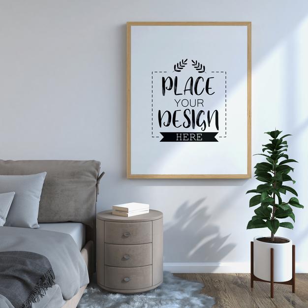 Free Poster Frame Mockup Interior In A Bedroom Psd