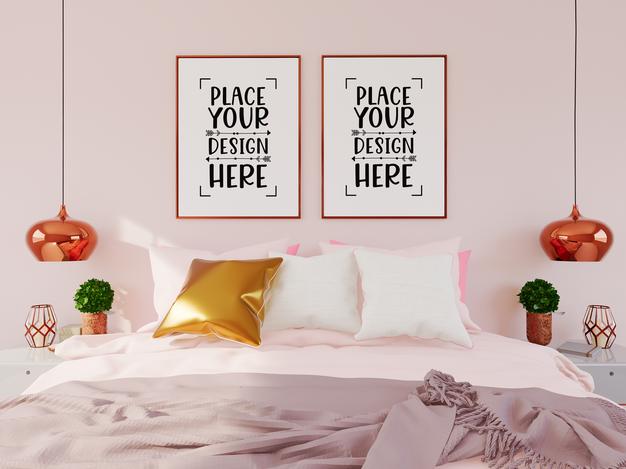 Free Poster Frame Mockup Interior In A Bedroom Psd