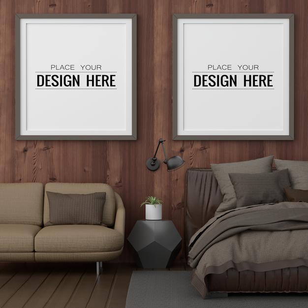 Free Poster Frame Mockup Interior In A Bedroom Psd