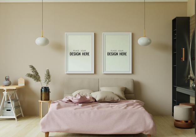 Free Poster Frame Mockup Interior In A Bedroom Psd