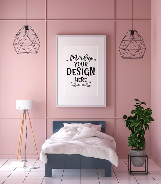 Free Poster Frame Mockup Interior In A Bedroom Psd