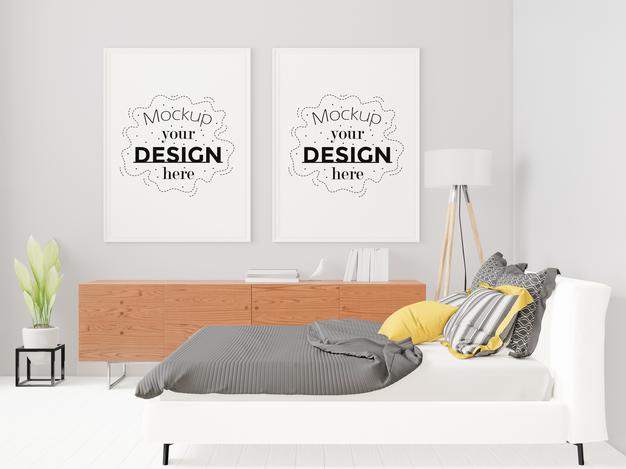 Free Poster Frame Mockup Interior In A Bedroom Psd