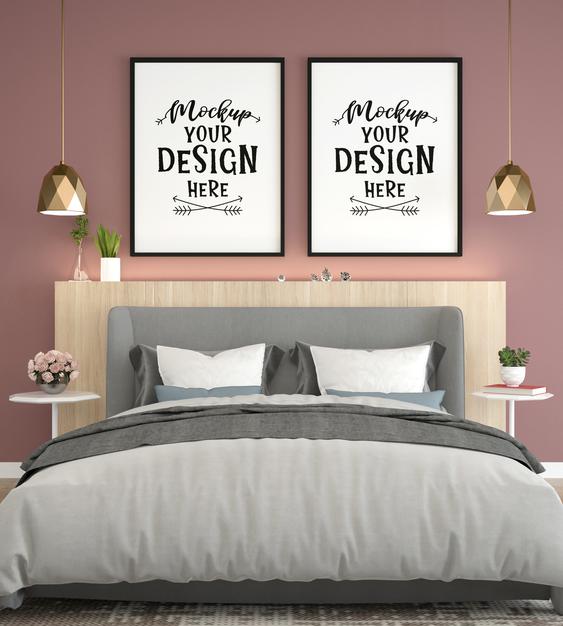 Free Poster Frame Mockup Interior In A Bedroom Psd