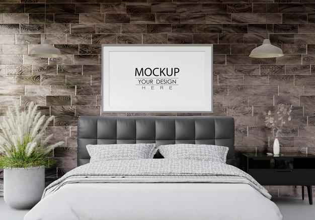 Free Poster Frame Mockup Interior In A Bedroom Psd