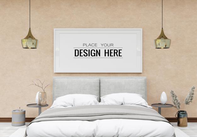 Free Poster Frame Mockup Interior In A Bedroom Psd