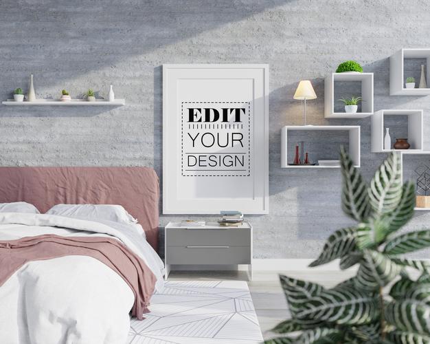 Free Poster Frame Mockup Interior In A Bedroom Psd