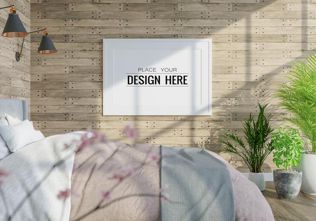 Free Poster Frame Mockup Interior In A Bedroom Psd